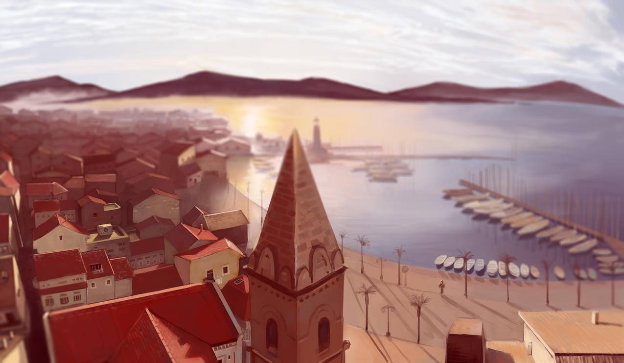 海边钟楼,房子,4k风景插画壁纸