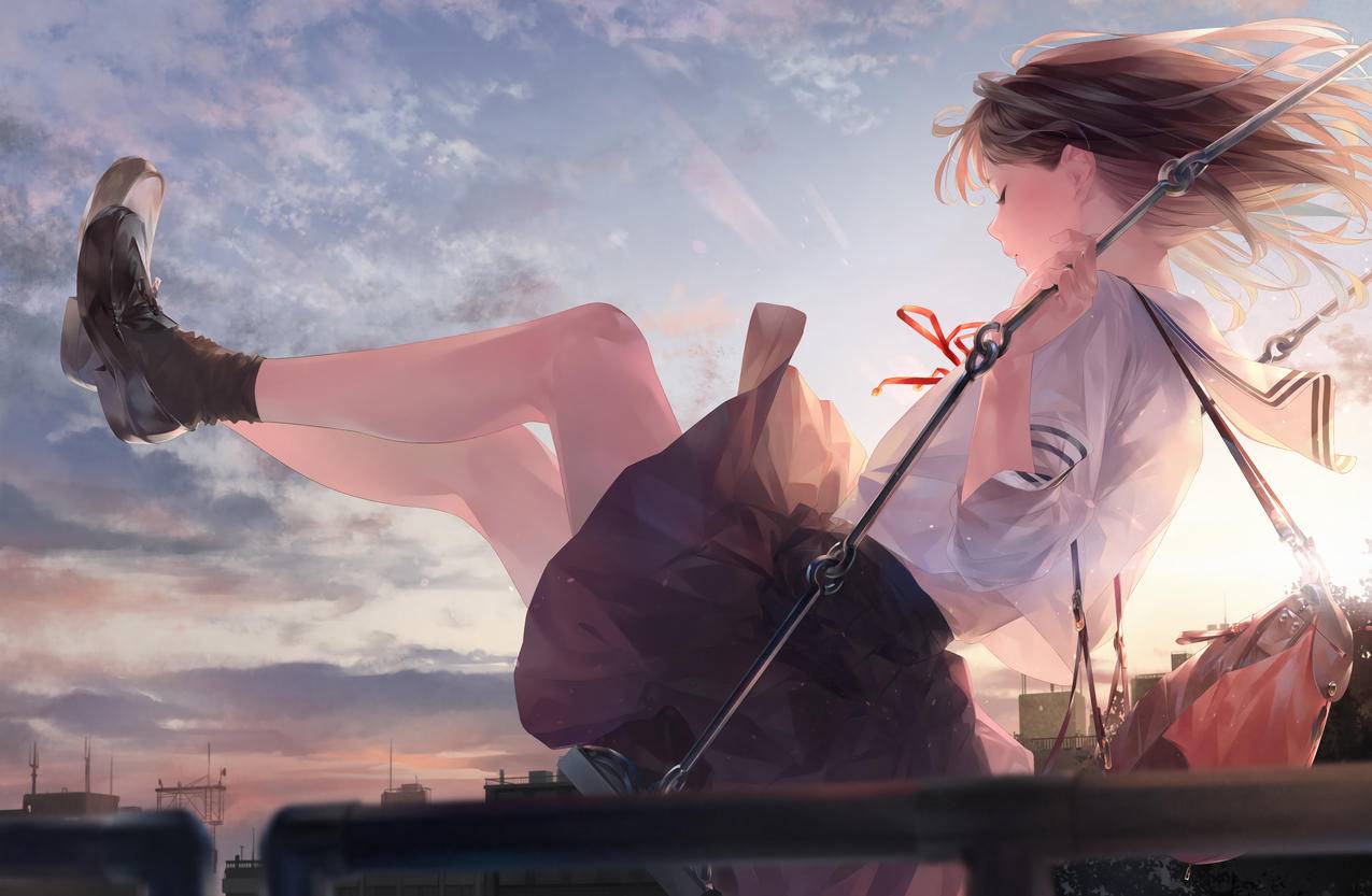 女生,秋千,公园,夕阳,水手服,迷你裙,校服,4K动漫壁纸