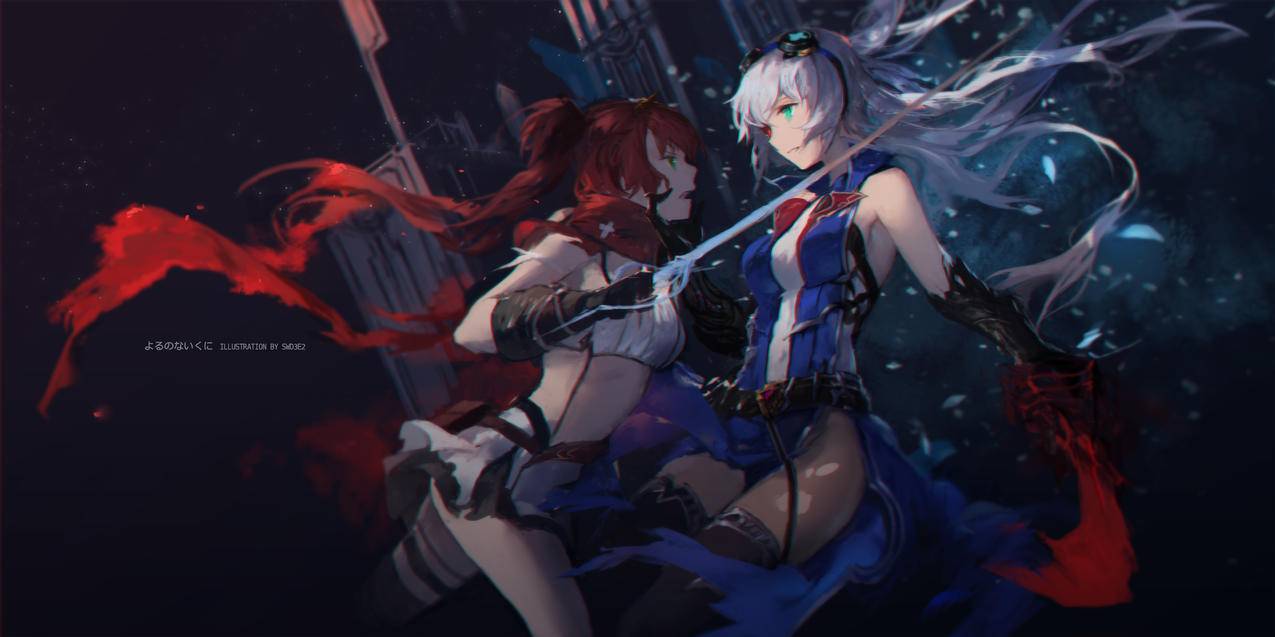 蓝色的夜,两个女孩,美女战士,4k动漫高清壁纸
