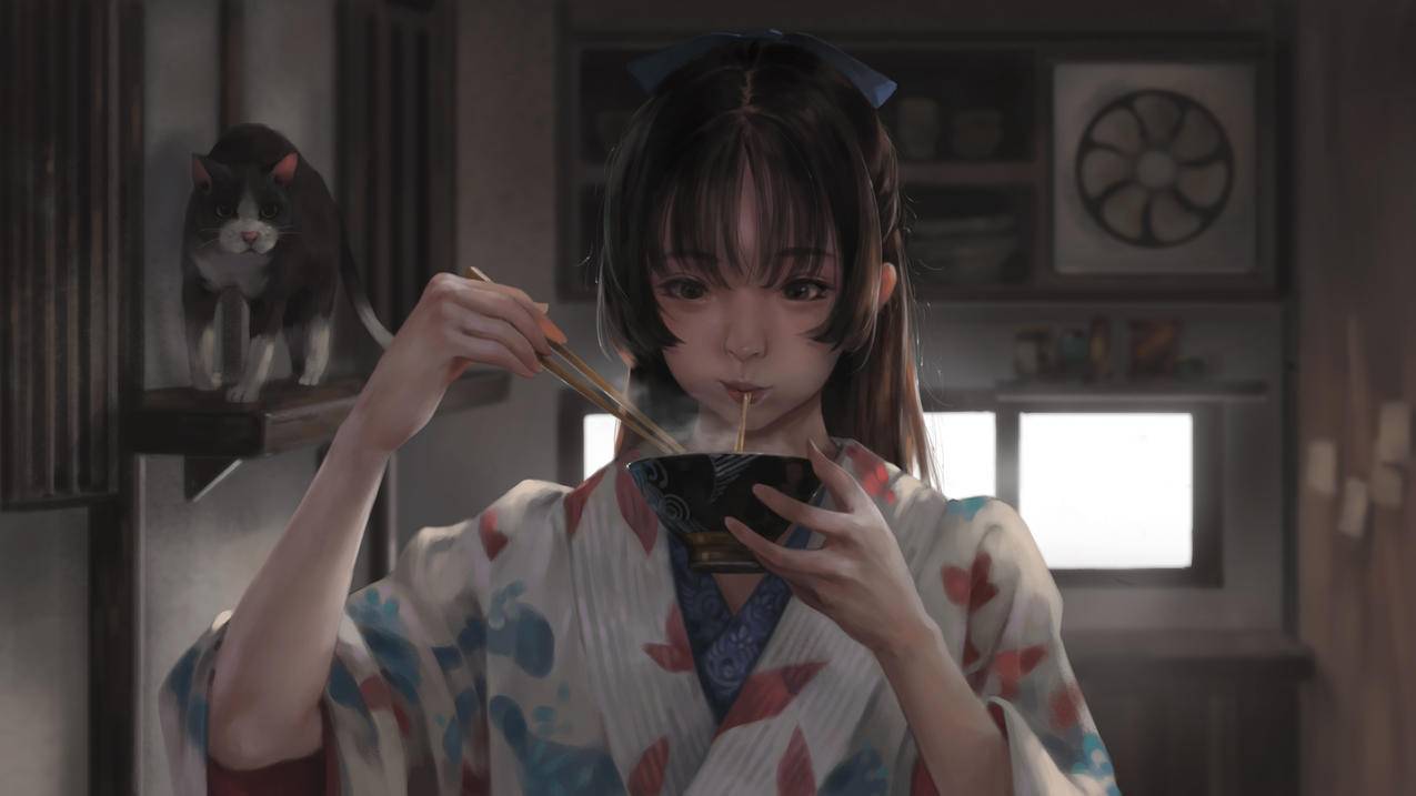 吃面条的女孩,猫,房间,厨房,4K动漫壁纸