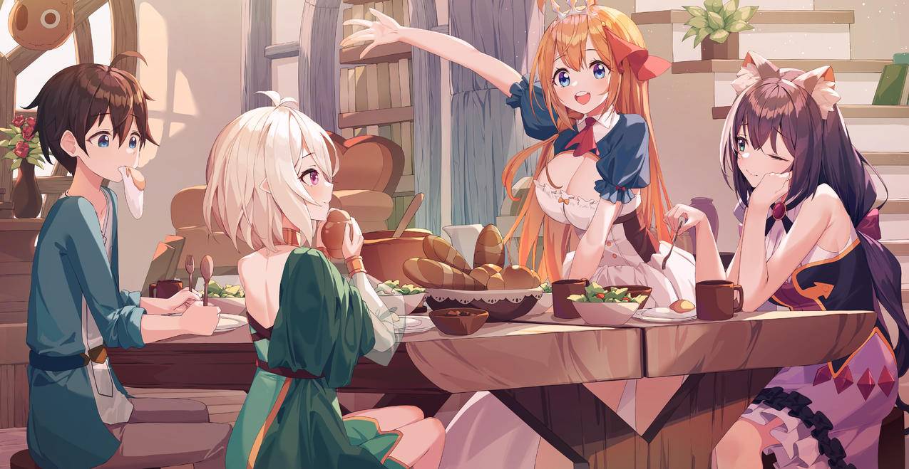 《公主连接Princess,Connect》餐桌,面包,蛋,女孩,男孩,4K高清游戏壁纸