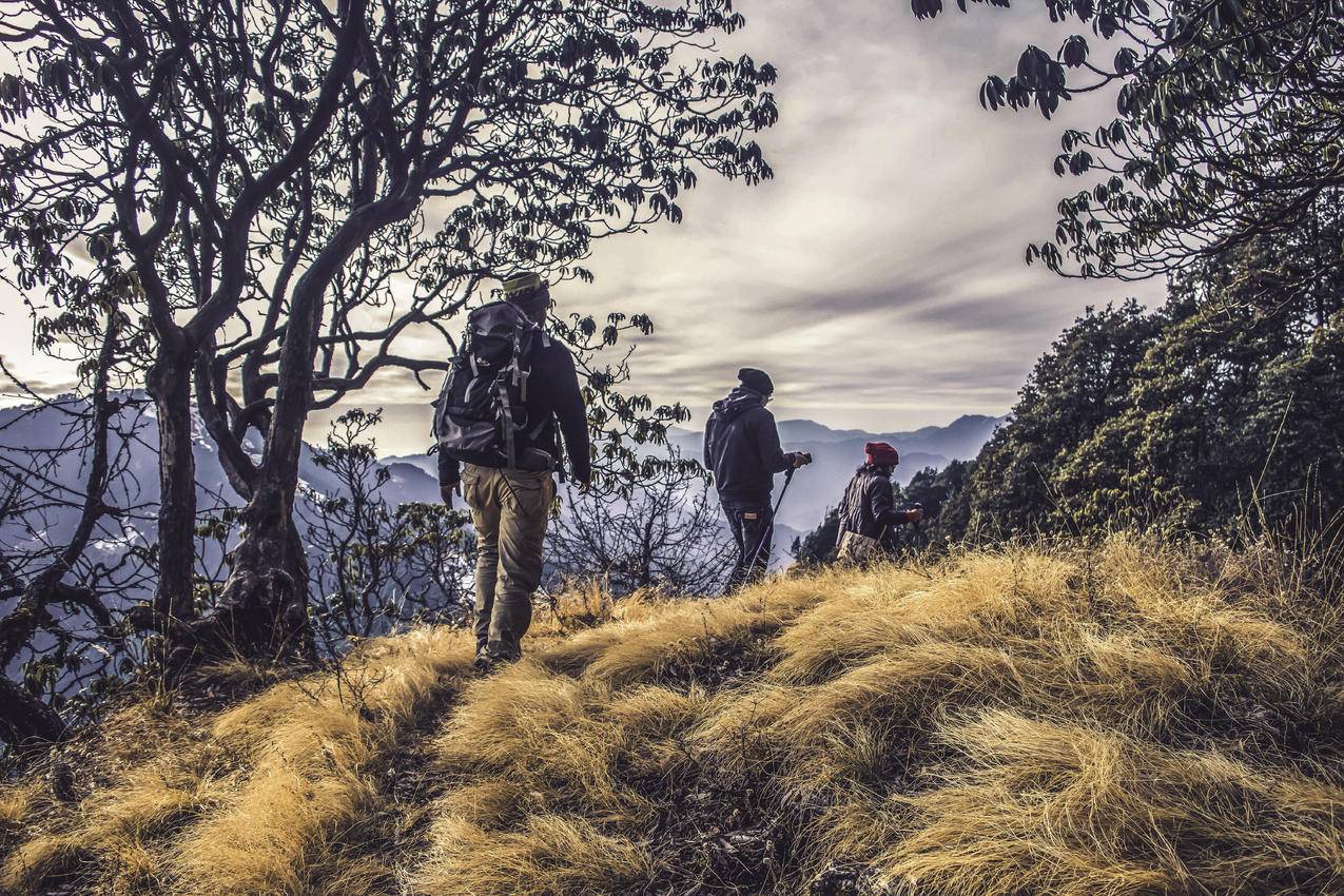 三人在高山上徒步旅行