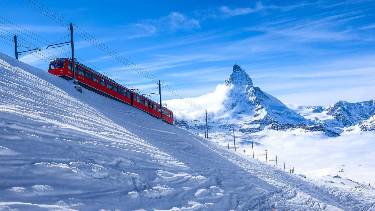 冬天,自然雪景,瑞士阿尔卑斯,雪,火车,4k风景高清壁纸