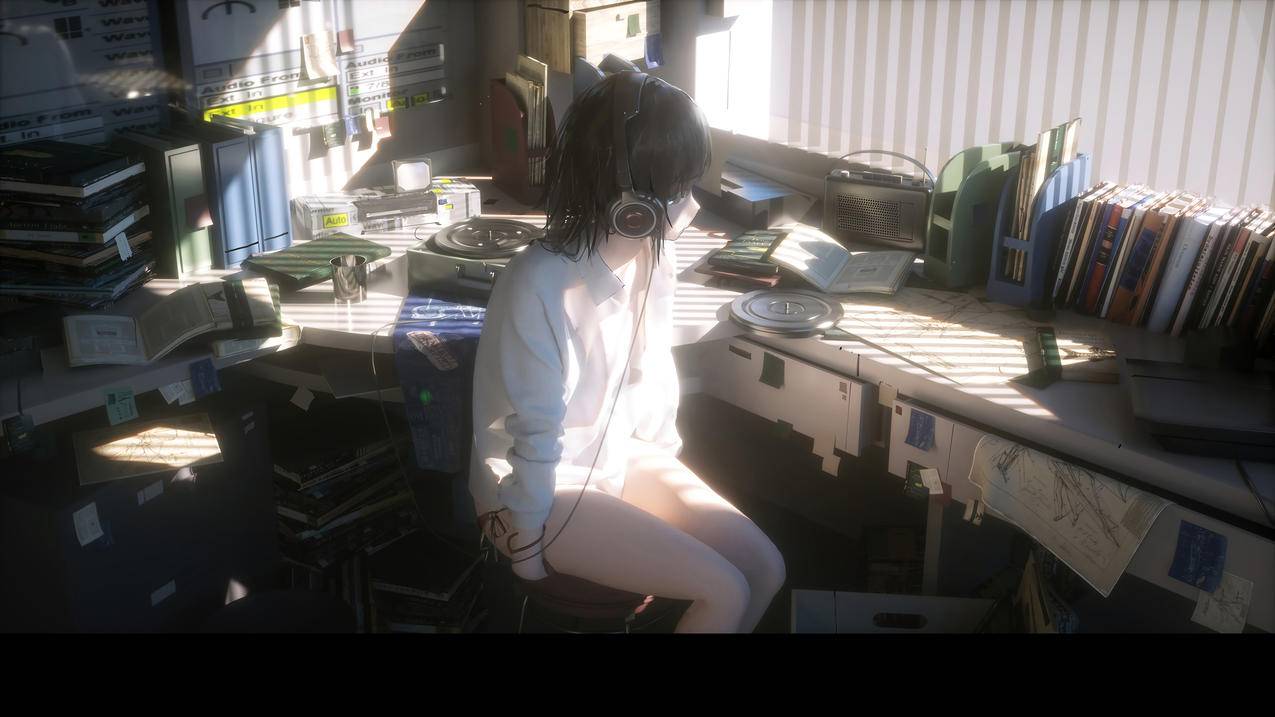 女生,白色衬衫,耳机,房间,书桌,凌乱,光,4K动漫壁纸