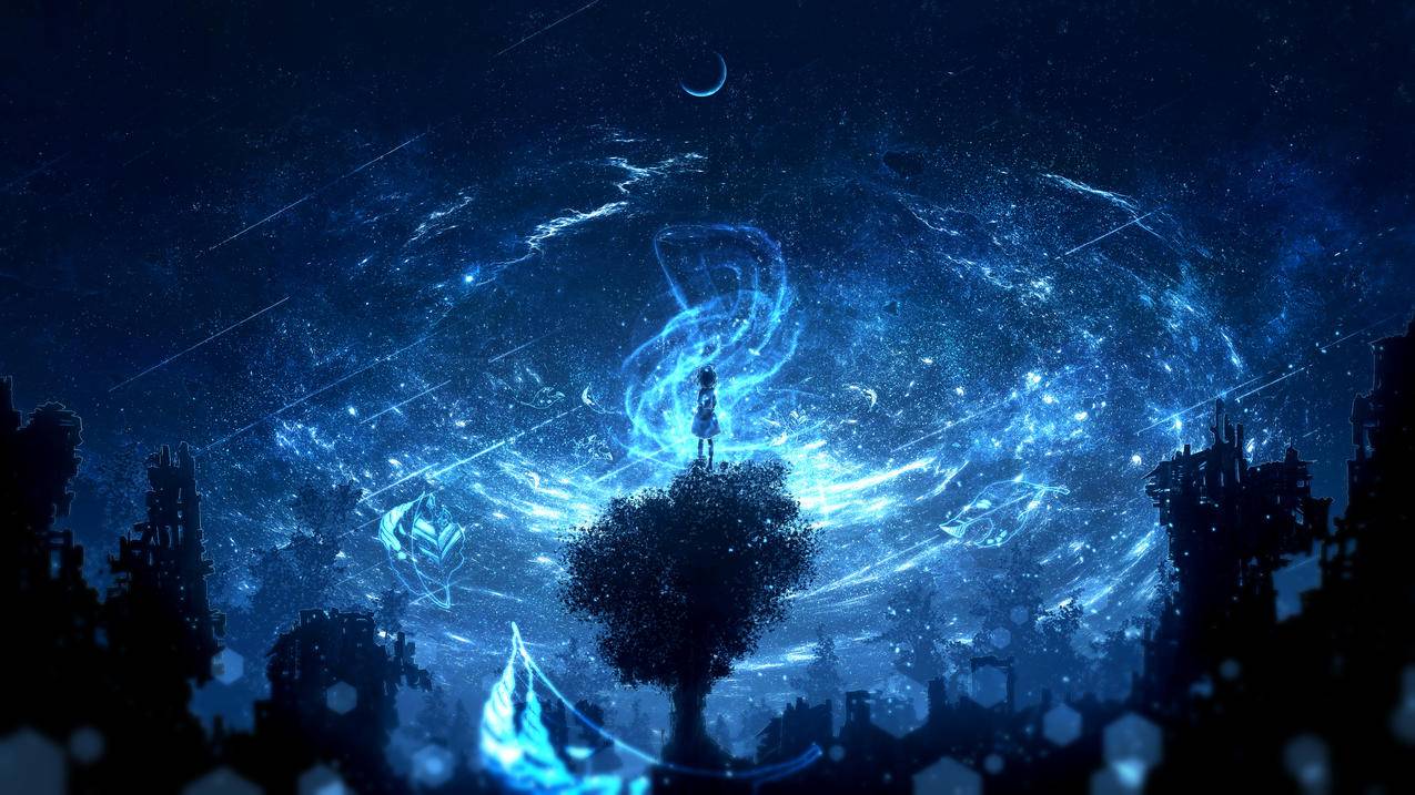 树,女孩,光,星星,月亮,唯美,4K动漫高清壁纸