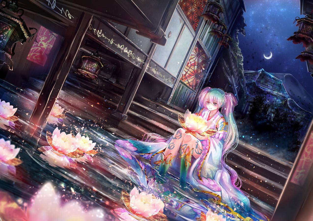 初音未来,彩色,莲花,荷花,夜晚,阶梯,街道,湖,光,4K高清动漫壁纸