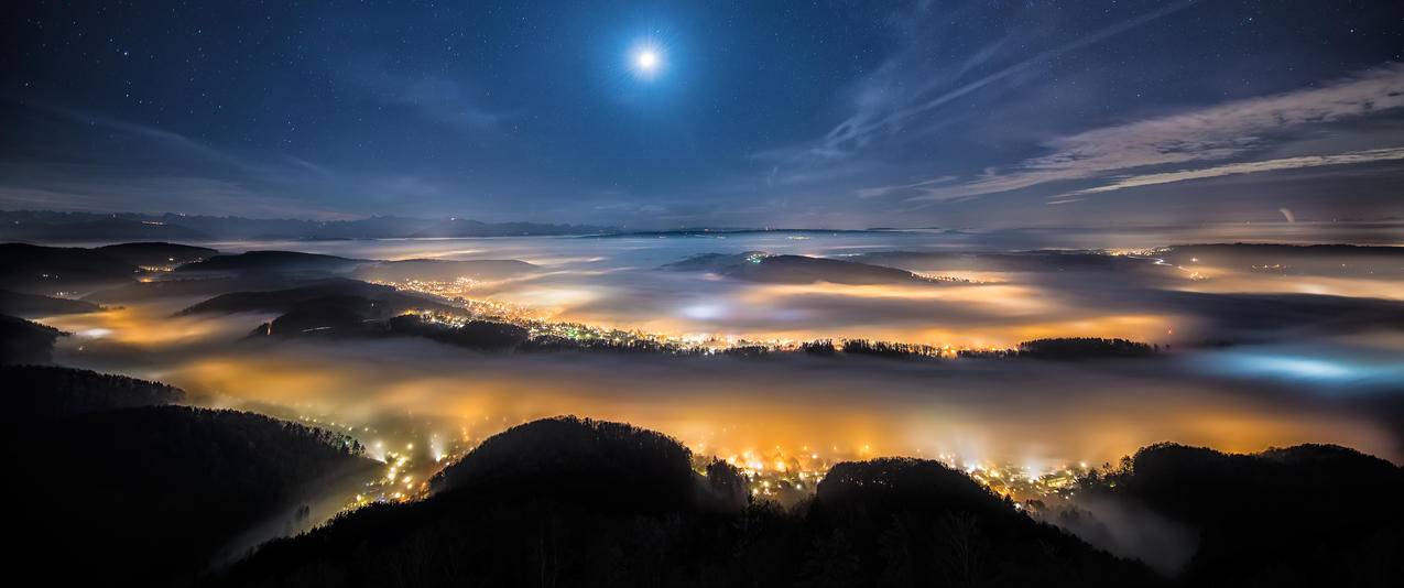 瑞士高山高峰夜晚天空风景3440x1440壁纸