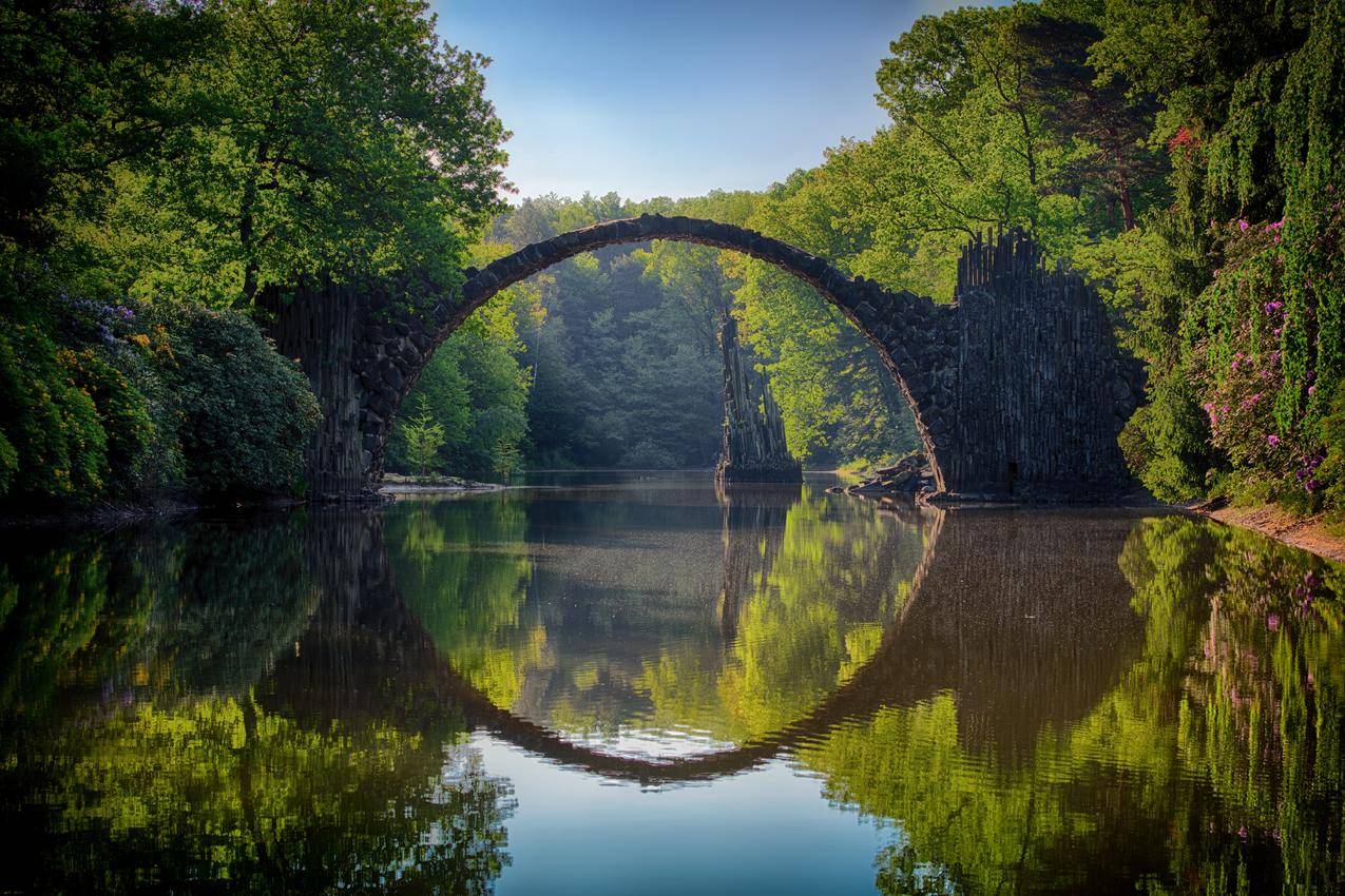 Devils,Bridge,桥梁和绿色树木,河流,倒映,5k自然风景壁纸