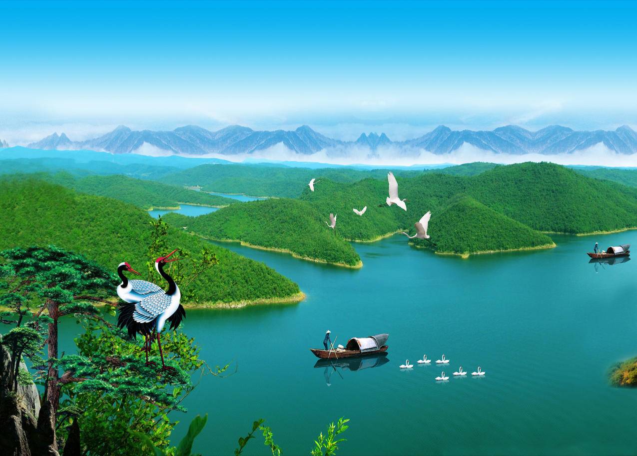 大好河山,山水风景,仙鹤,3d背景墙纸,4K壁纸