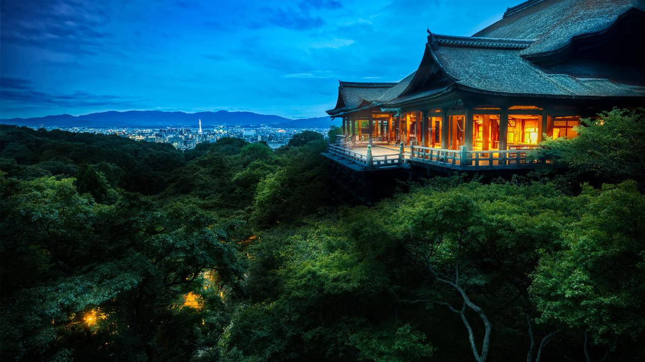 日本,京都的树梢寺庙,4k风景高清壁纸