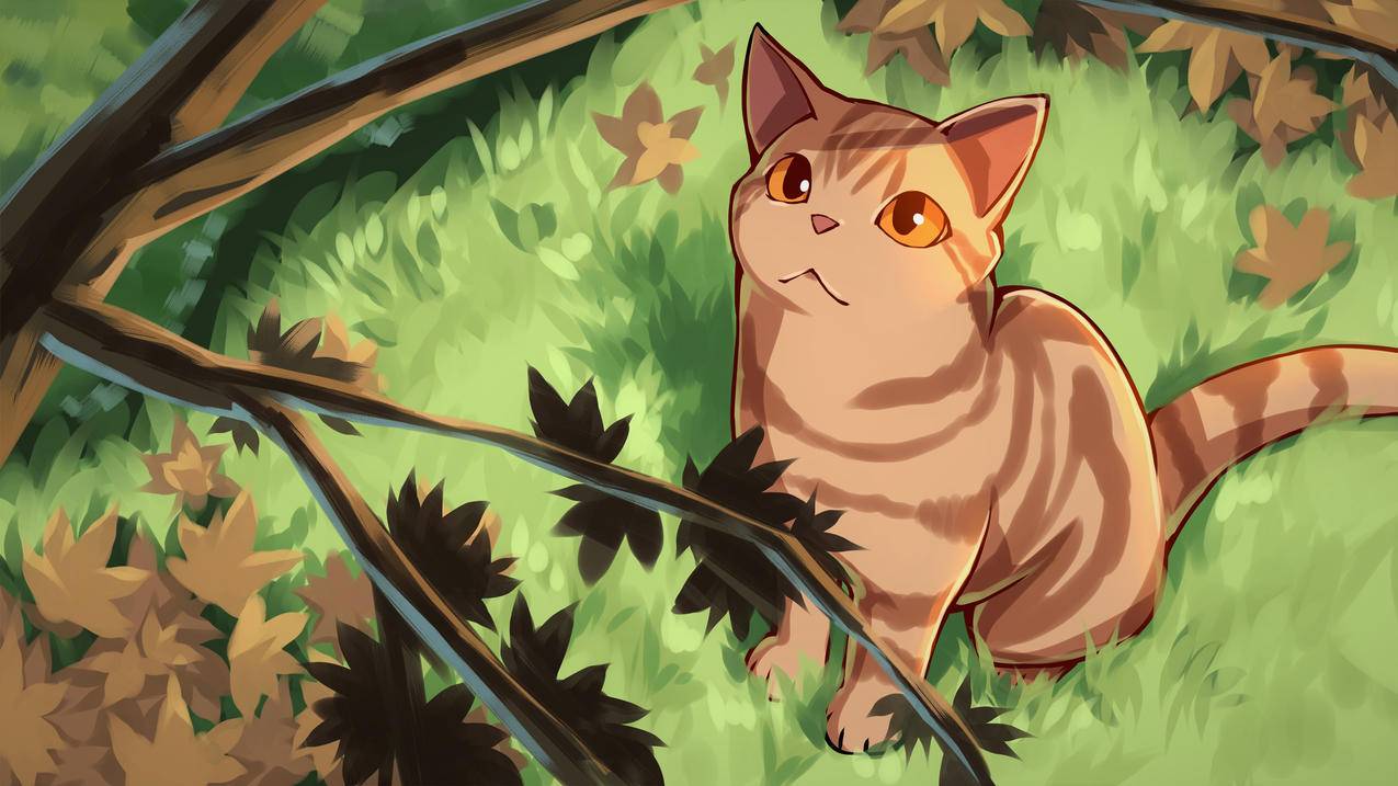 森林,猫,手绘插画,4k高清萌物壁纸