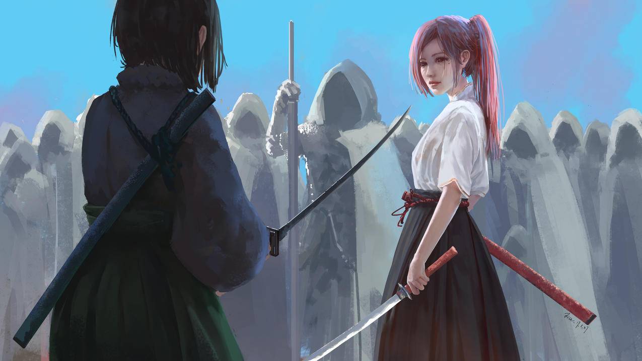 武士,比拼,红马尾,4K动漫壁纸