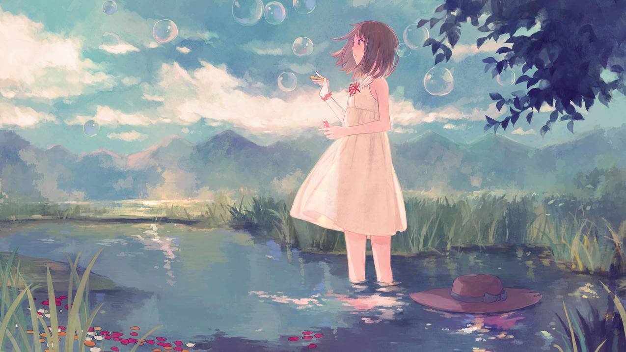 河塘,小女孩,泡泡,4K动漫壁纸
