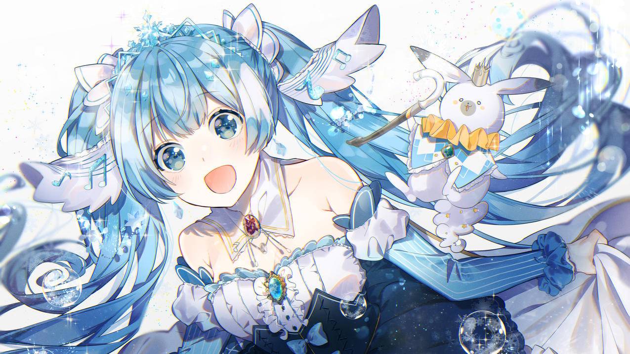 初音蓝眼睛蓝发蝴蝶结连衣裙,4K高清动漫壁纸