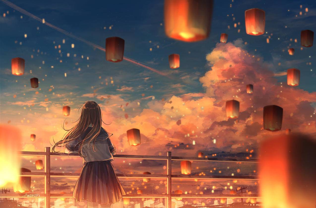 孔明灯,夕阳,天空,云,少女,女孩,唯美,4K高清动漫壁纸