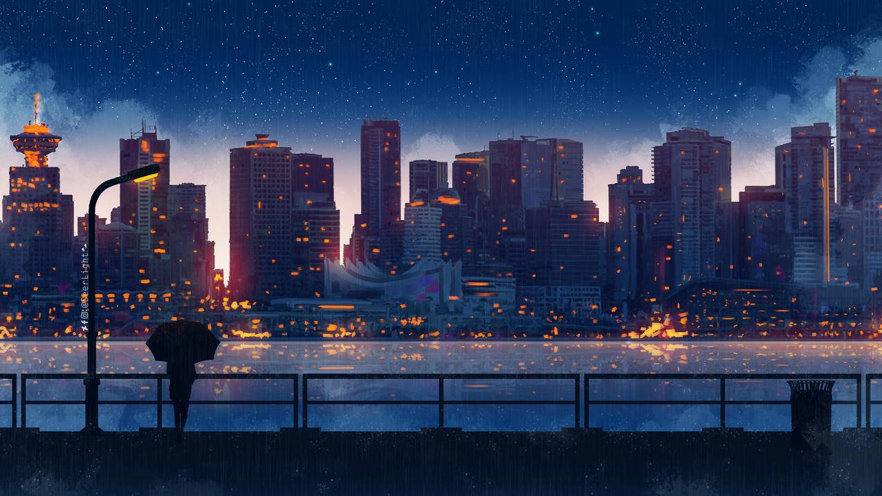 江边夜景,女孩,4K高清动漫壁纸