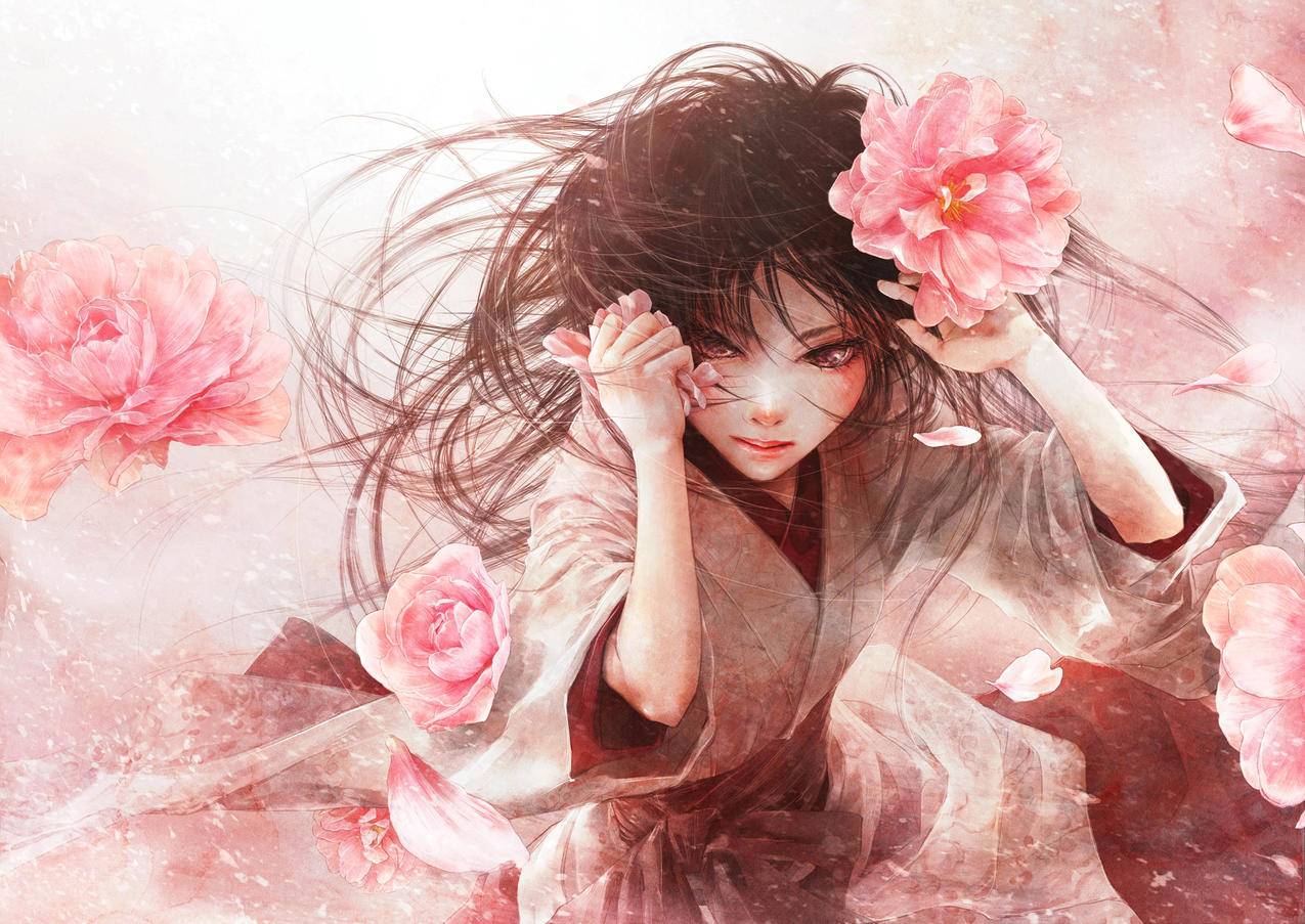 花瓣,女孩,古装,唯美,风,4K高清动漫壁纸