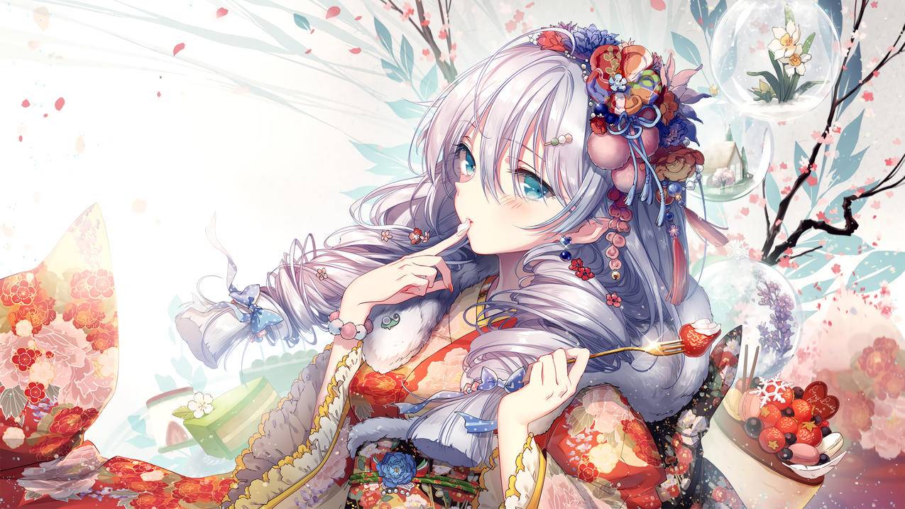 《崩坏学园2》红和服,甜点,4K高清动漫壁纸