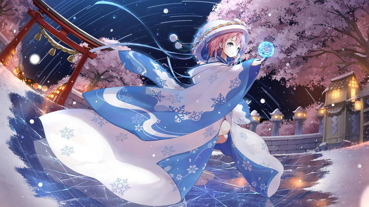 雪女,樱花,星空,4K动漫壁纸