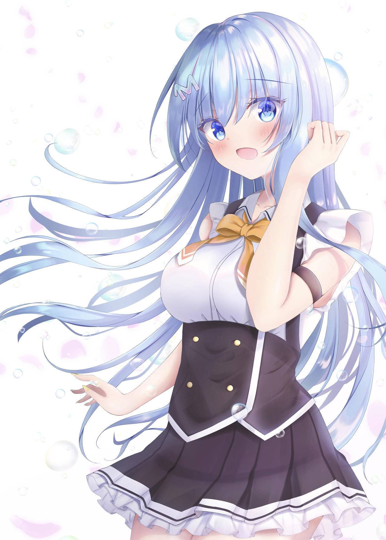 蓝色长发,泡泡,制服,校服,4K高清动漫壁纸