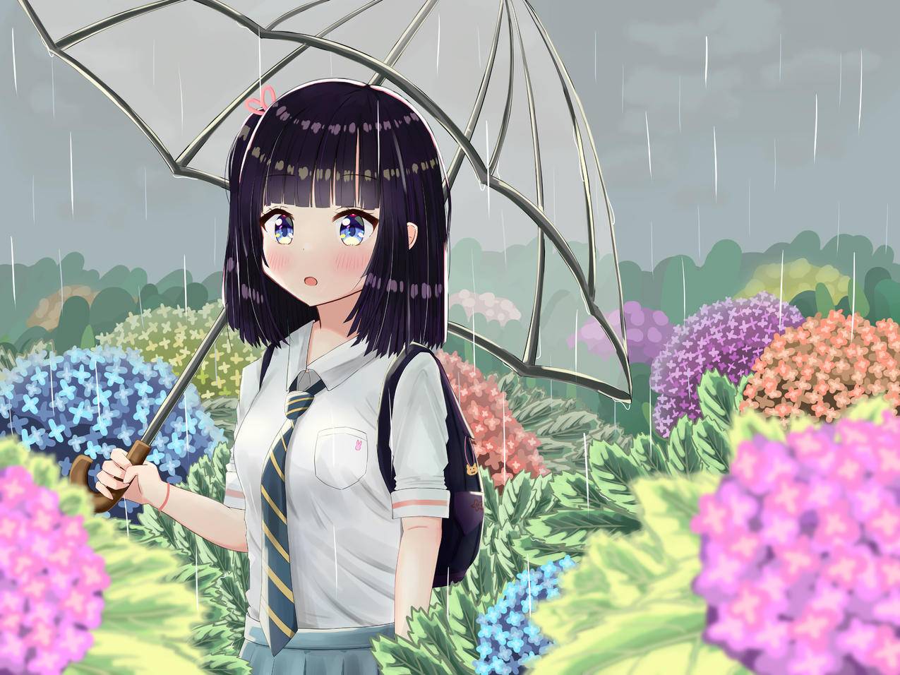 校服,女孩,雨伞,下雨,绣球花,4K高清动漫壁纸