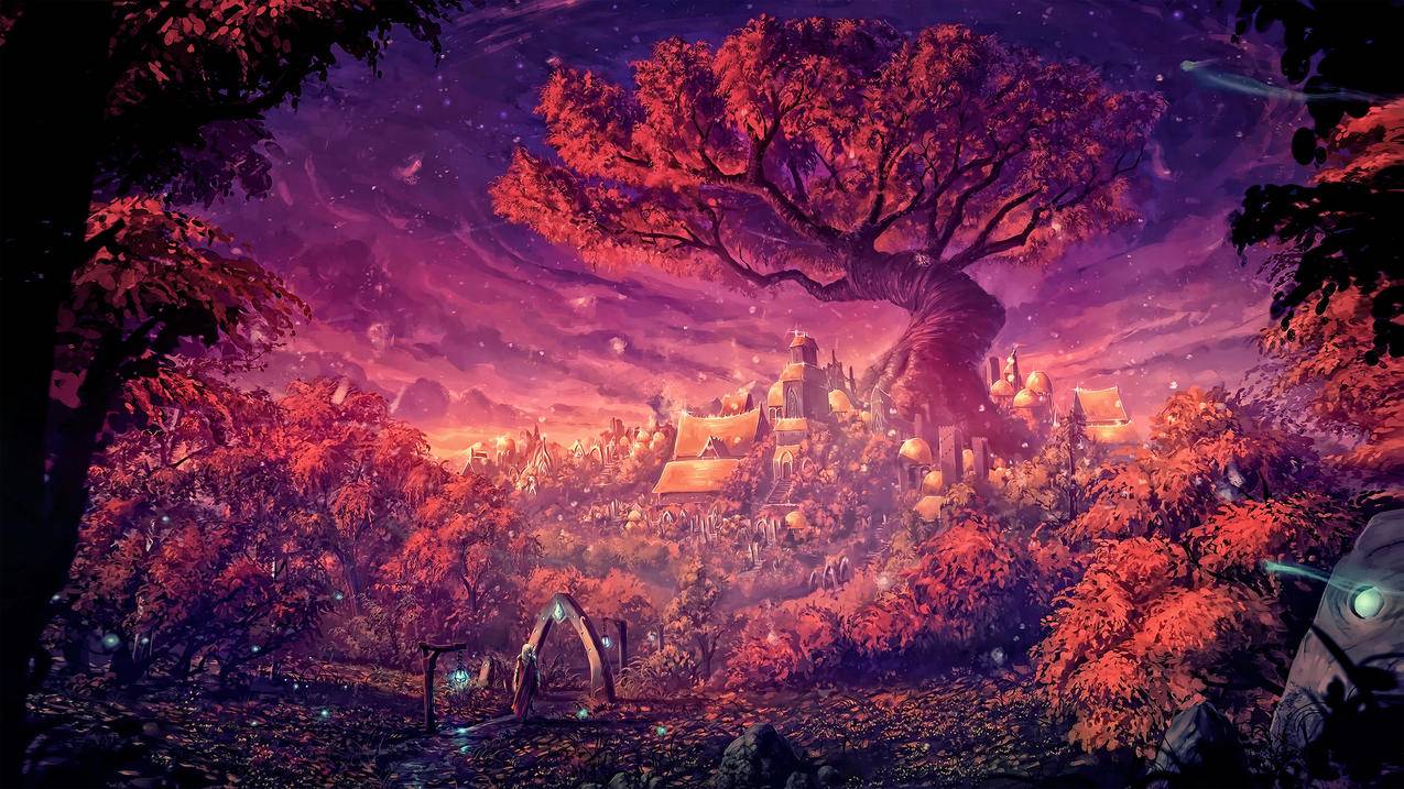 科幻,森林,树木,房子,4k绘画风景壁纸