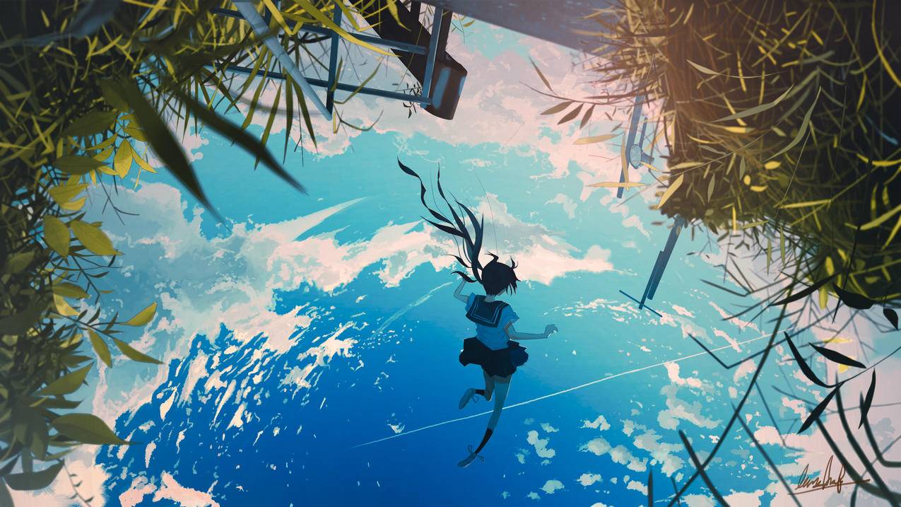 天空,女孩,草丛,4K高清动漫壁纸