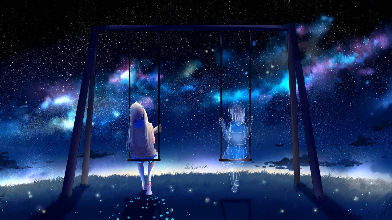 唯美星空下,女生,荡秋千,4K高清动漫壁纸