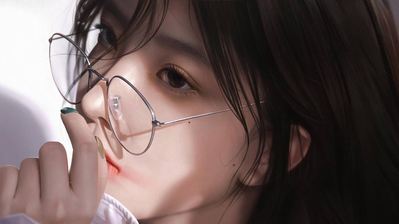 戴眼镜的少女,长发,脸,手,4K高清动漫壁纸