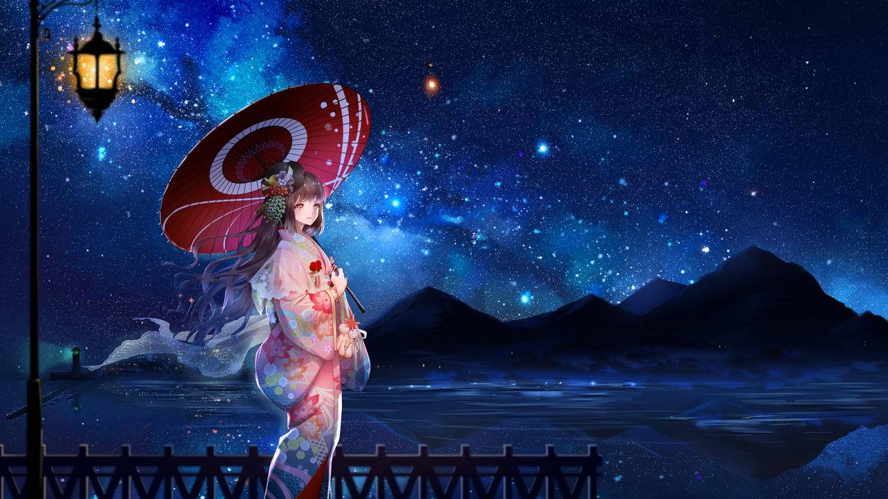 夜晚,星空,天空星星,少女和服,日本服装,唯美,4K高清动漫壁纸图网