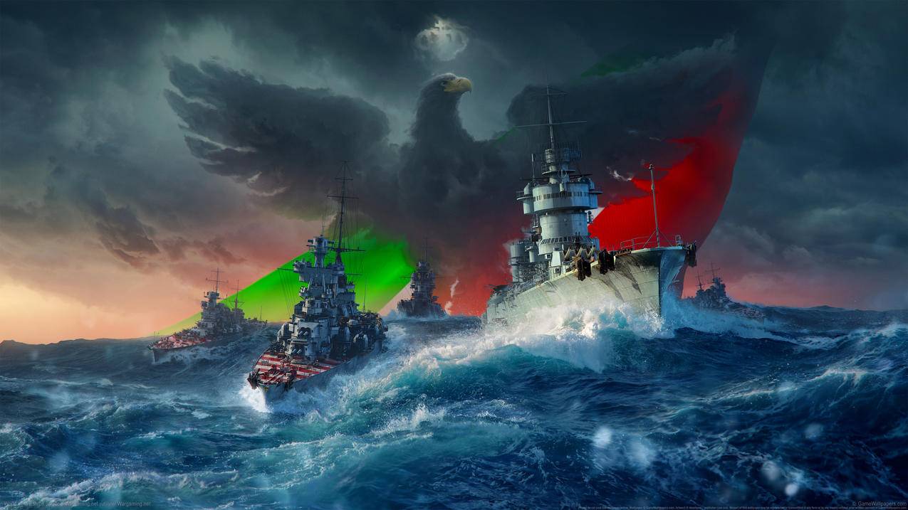 《战舰世界World,of,Warships》鸟,皇冠,海水,绿,红,4K高清游戏壁纸图片