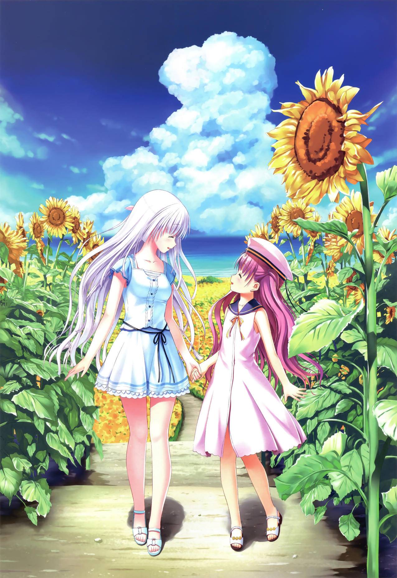 《Summer,Pockets》向日葵,女孩,海边,天空,4K高清动漫壁纸