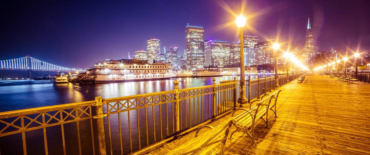 老码头,弗朗西斯科,夜晚,天际线,海湾桥,3440x1440风景壁纸