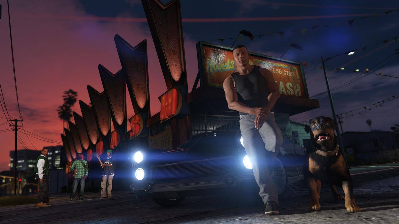 富兰克林,洛斯桑托斯,晚上,狗,GTA5,侠盗猎车5,4K壁纸