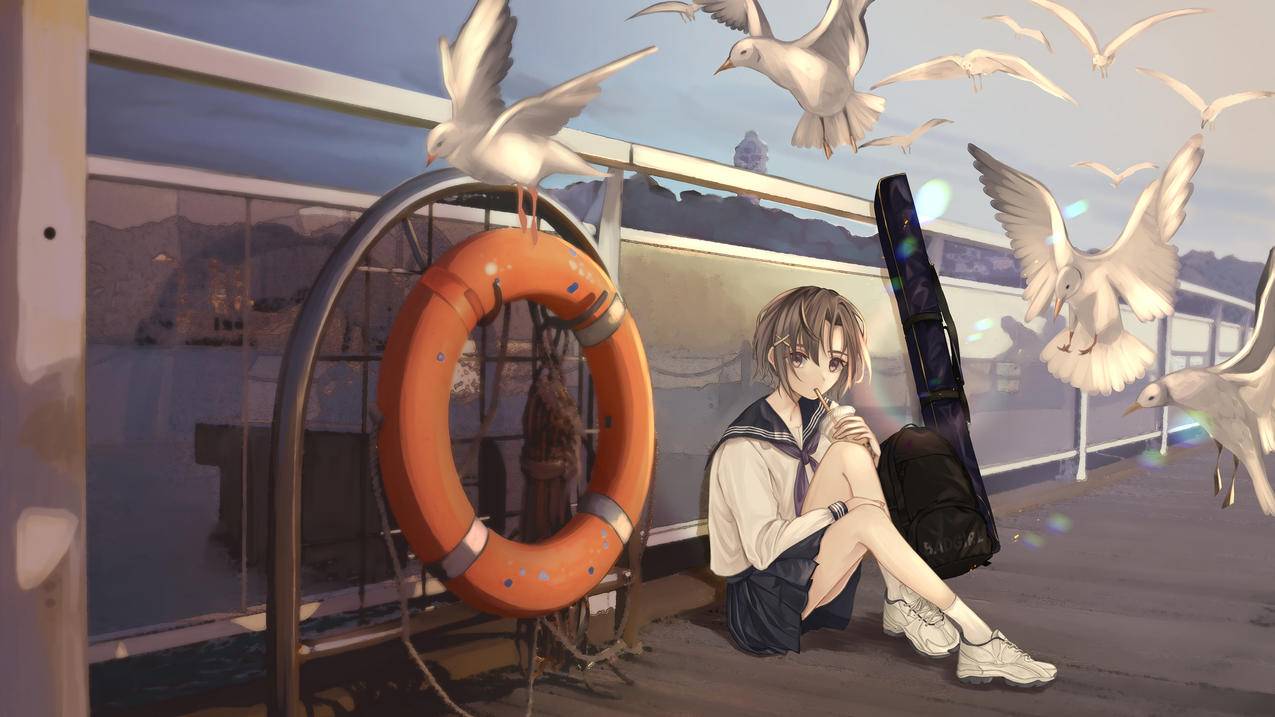 女孩子,校服,书包,鸟儿,回家的路上,4K动漫壁纸