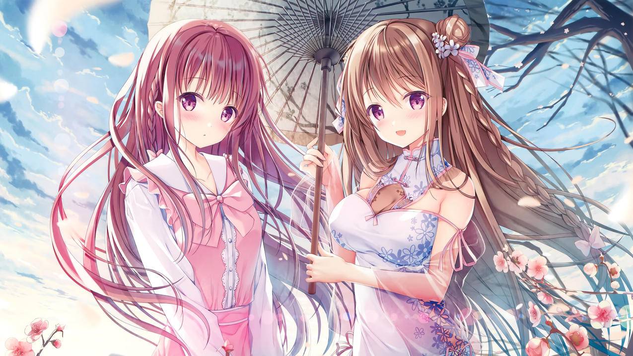两个女孩旗袍,粉色裙子,4K动漫壁纸