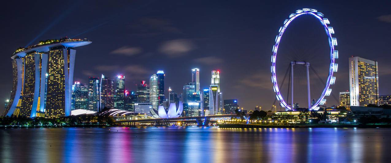 海边城市夜灯,摩天轮,3440x1440风景壁纸