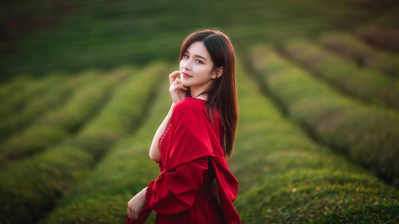 茶园,绿色裙子美女,4K美女壁纸
