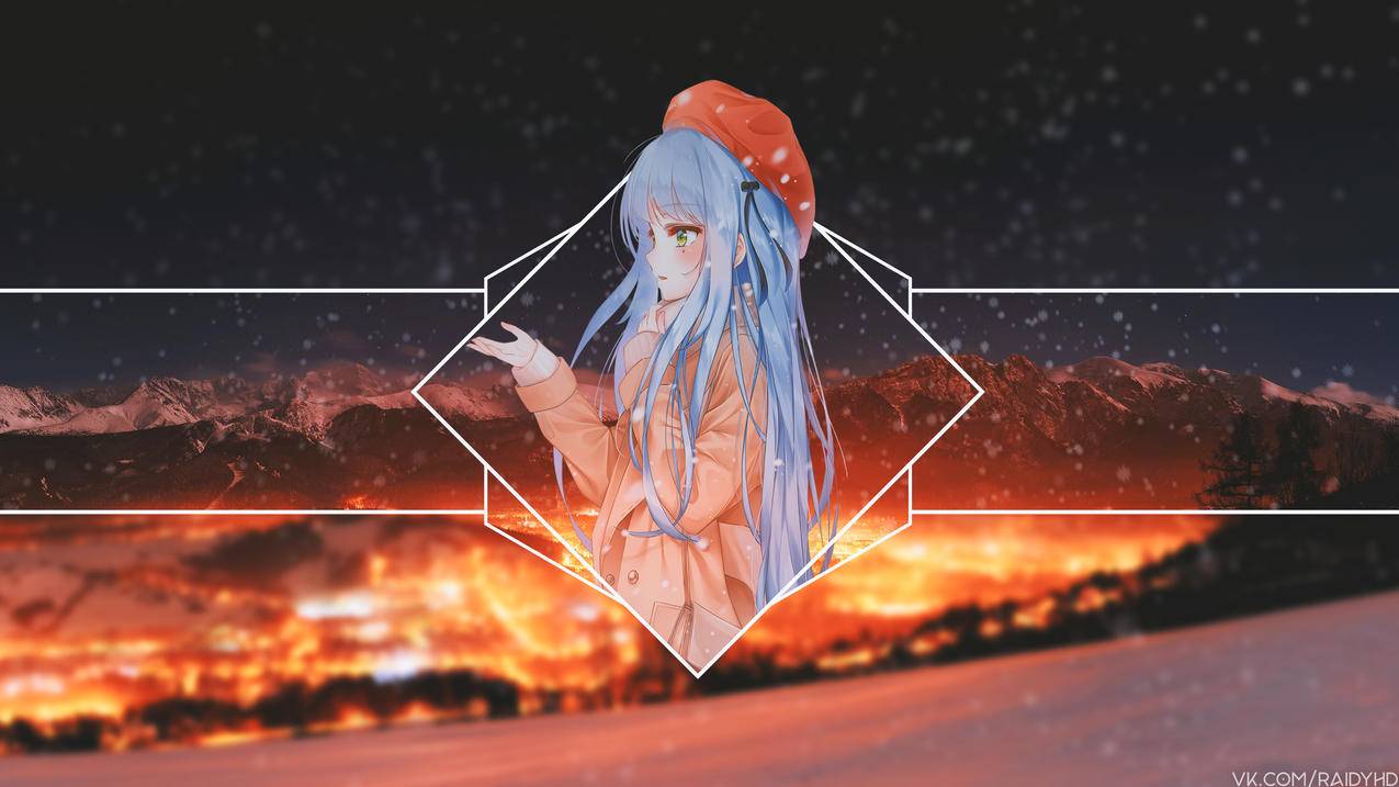 雪,火,女孩,贝雷帽,4K动漫壁纸