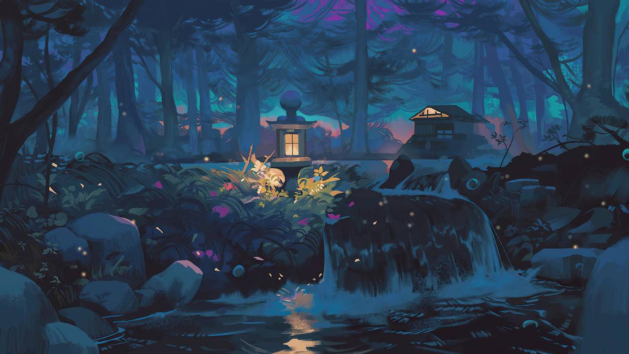 森林,夜晚,自然,树木,房子,瀑布,灯,抽象艺术绘画风景4k壁纸