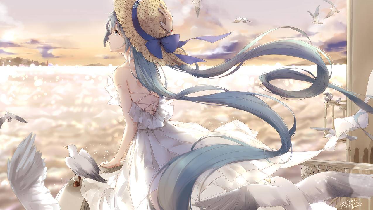 女孩子,初音,阳台,鸟儿,4K动漫壁纸