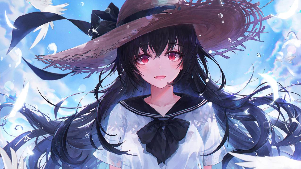 女孩子,水手服,学校丝带草帽,蓝天,美少女,4K动漫壁纸